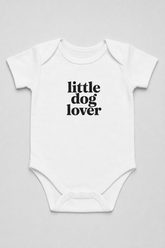 Pink baby bodysuit with Little Dog Lover print, snap closure