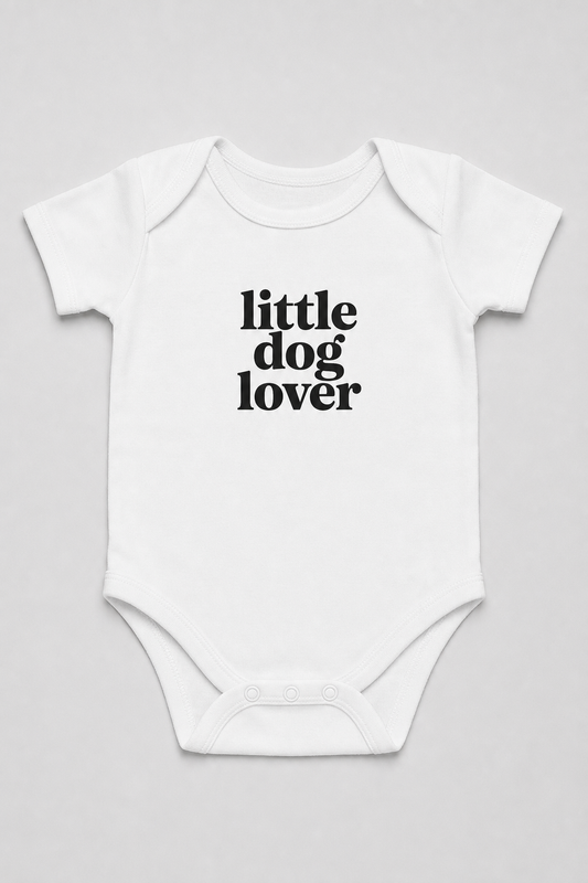 Pink baby bodysuit with Little Dog Lover print, snap closure