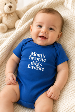 White baby bodysuit with Mom's Favorite Dog's Favorite print, snap closure