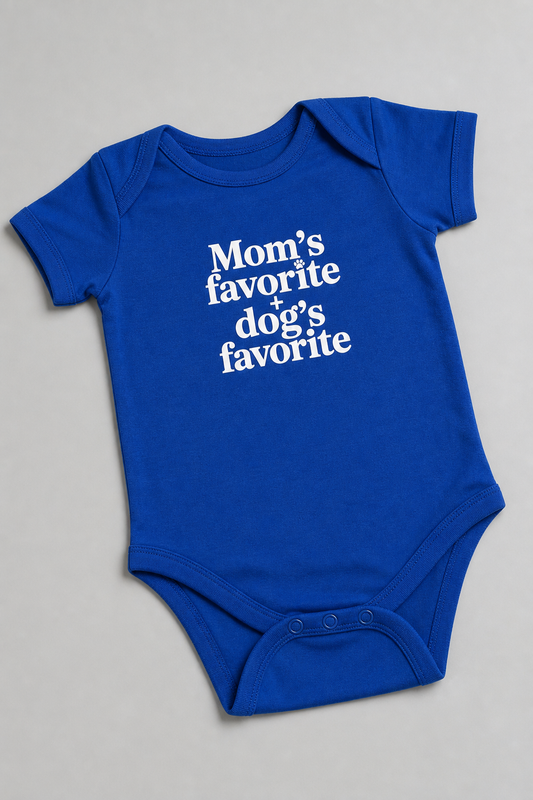 Baby wearing white Mom's Favorite Dog's Favorite bodysuit, snap closure