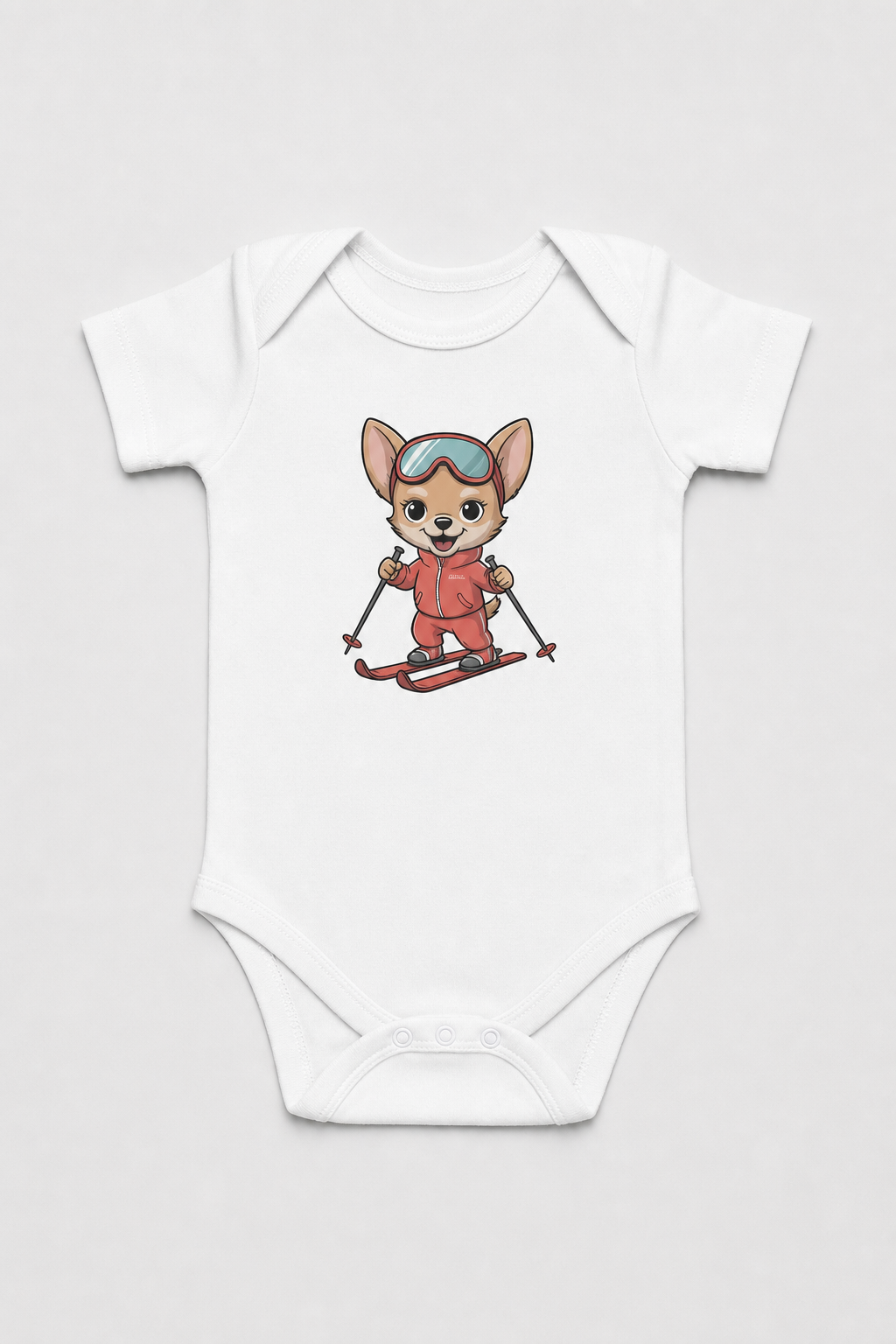 Pink baby bodysuit with cute skiing chihuahua print, snap closure