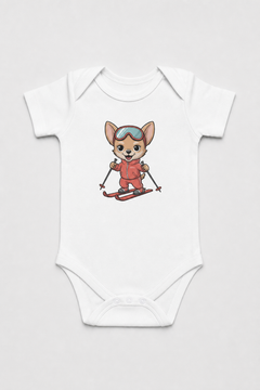 Pink baby bodysuit with cute skiing chihuahua print, snap closure