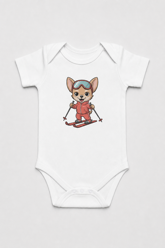 Pink baby bodysuit with cute skiing chihuahua print, snap closure