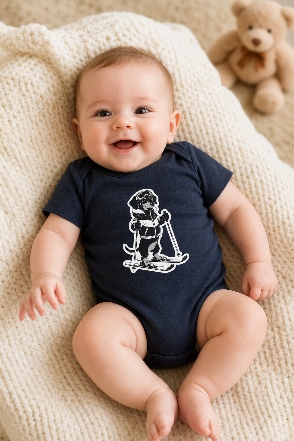 White baby bodysuit with cute skiing black labrador print, snap closure