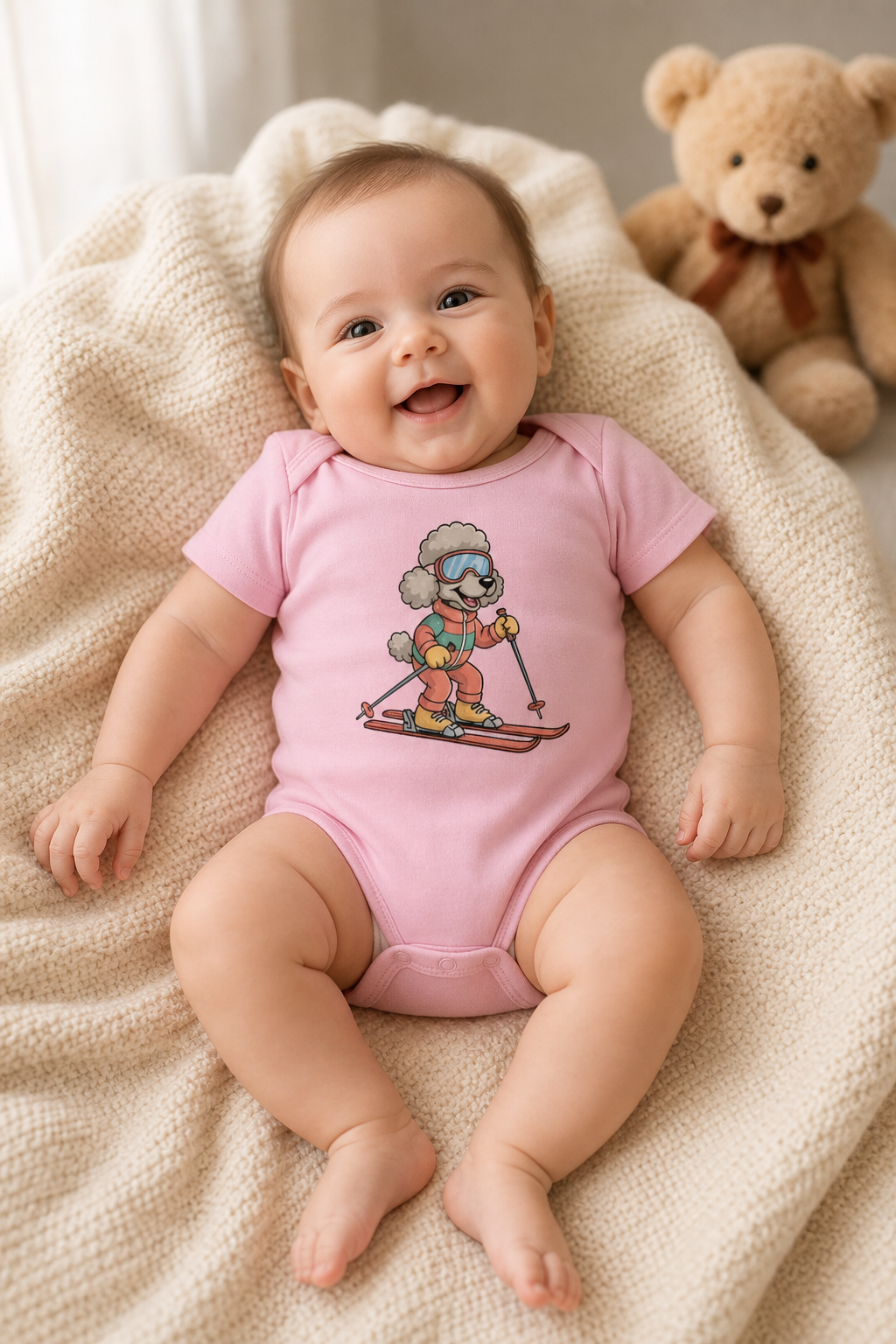 White baby bodysuit with cute skiing poodle print, snap closure