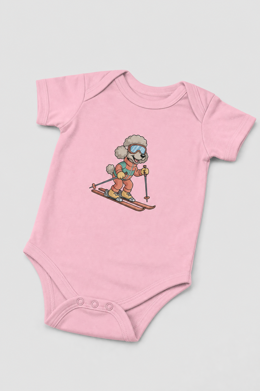 Pink baby bodysuit with cute skiing poodle print, snap closure