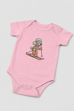 Pink baby bodysuit with cute skiing poodle print, snap closure