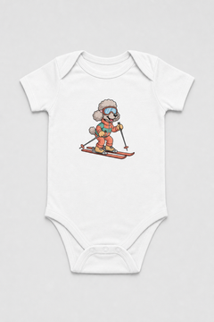 Baby wearing white skiing poodle bodysuit, snap closure