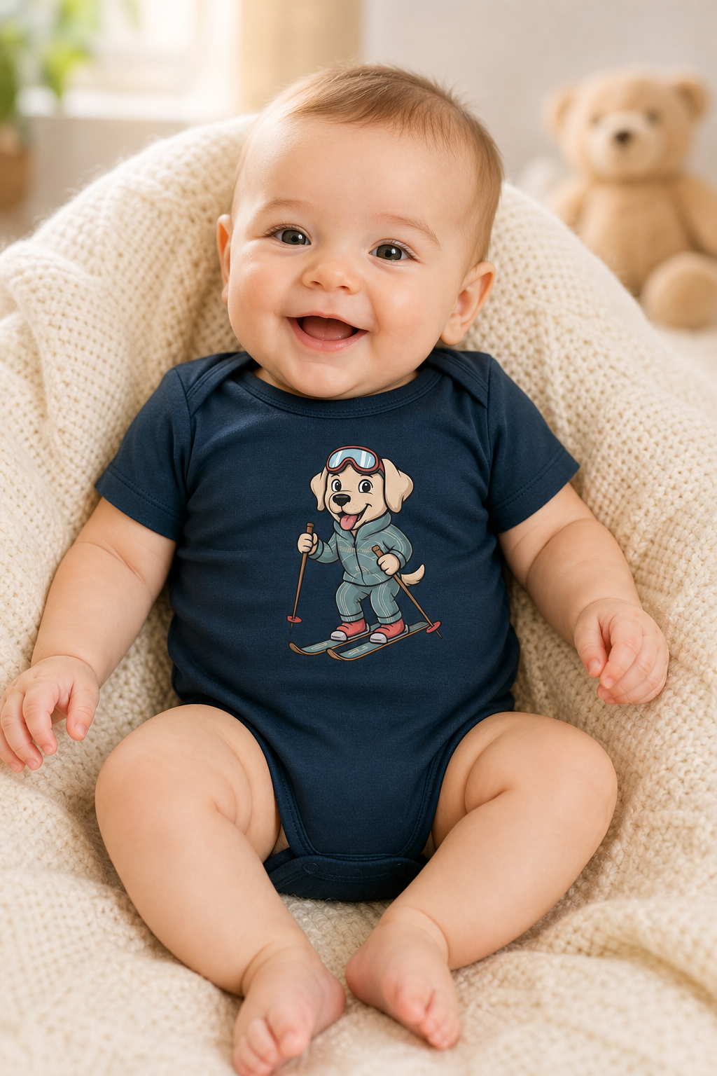 White baby bodysuit with skiing labrador puppy print, snap closure