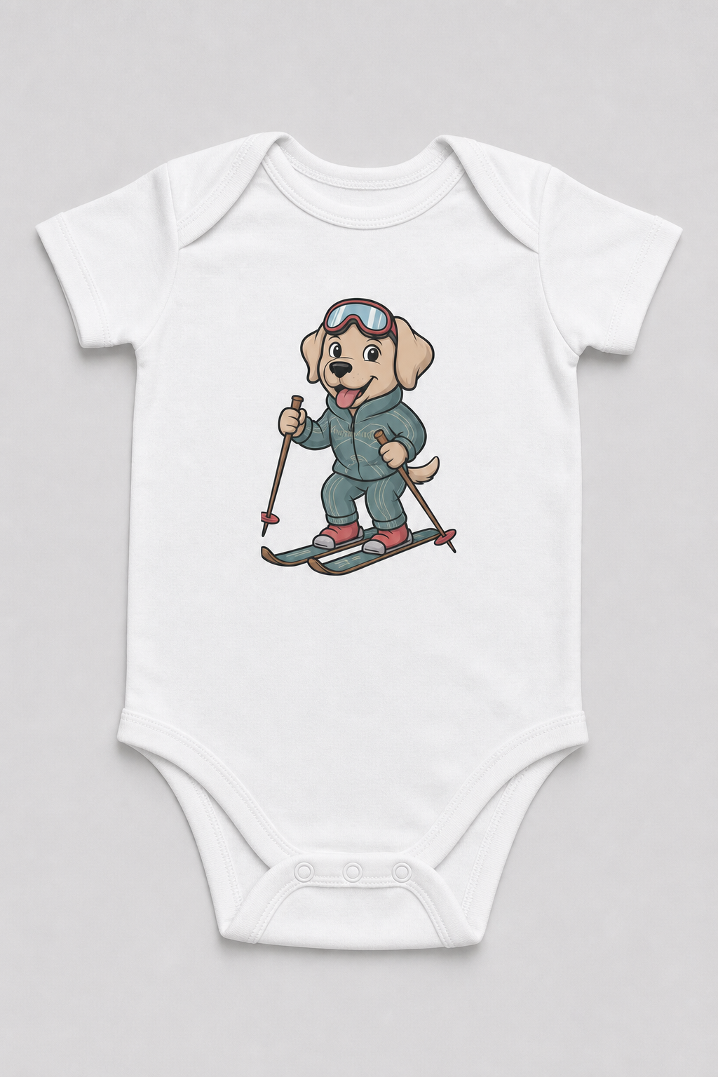 Pink baby bodysuit with skiing labrador puppy print, snap closure