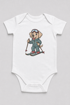 Pink baby bodysuit with skiing labrador puppy print, snap closure