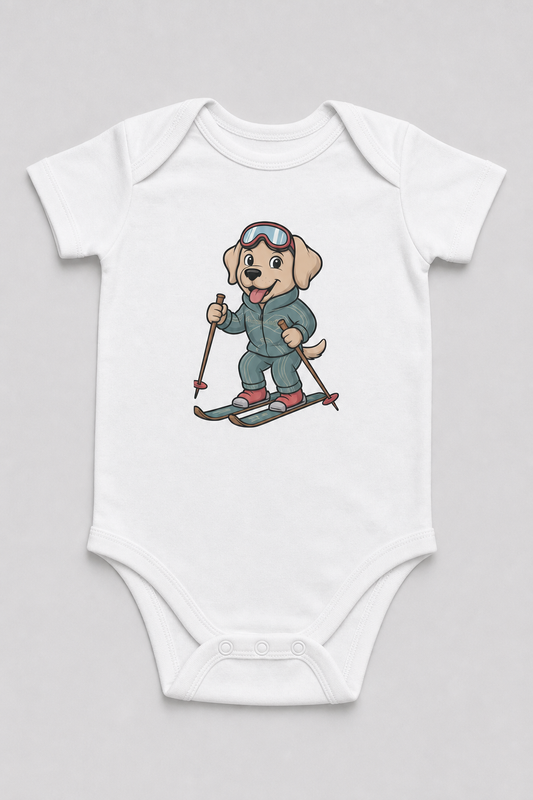 Pink baby bodysuit with skiing labrador puppy print, snap closure