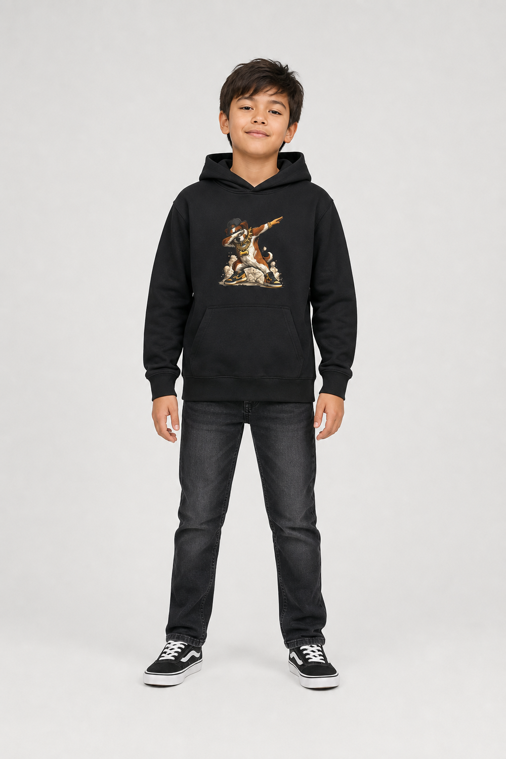 Boy wearing dabbing dog print kids hoodie, fun dog gift
