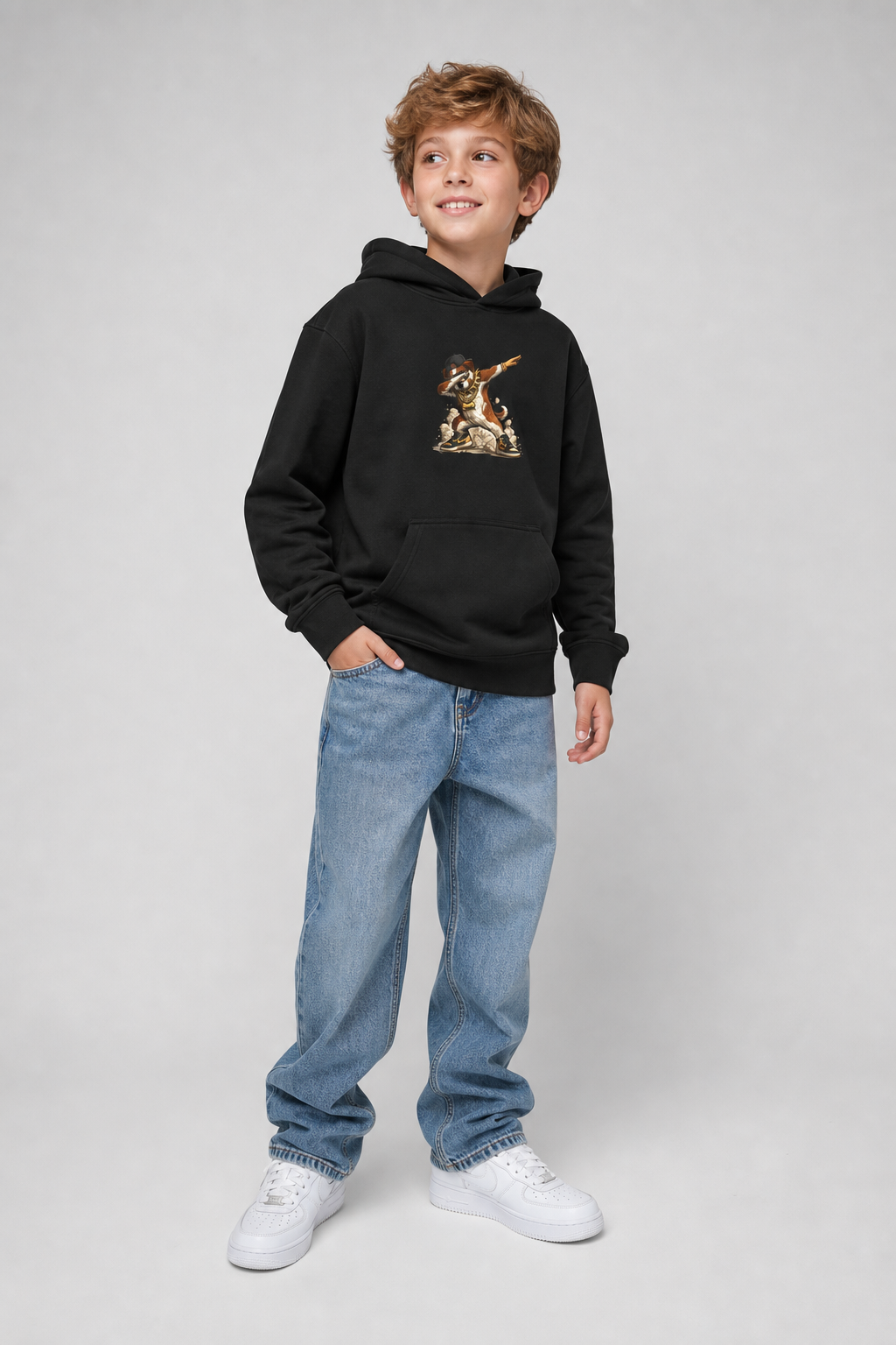 Child wearing dabbing dog kids hoodie, cool graphic