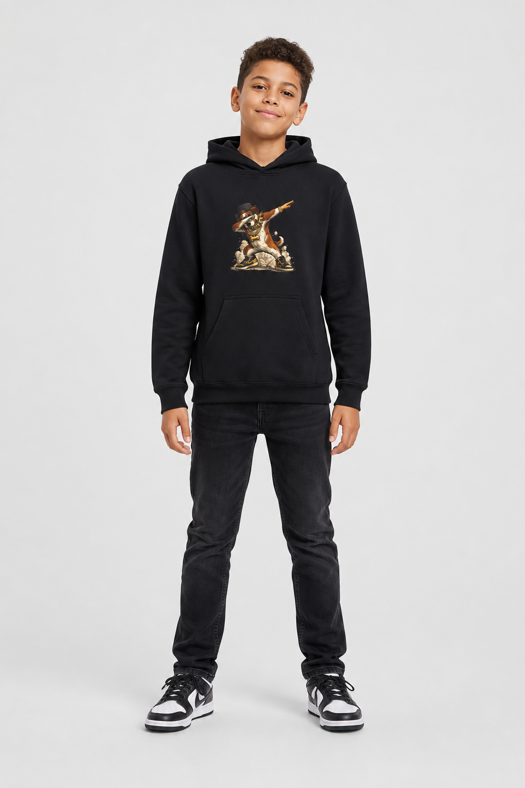Kids pullover hoodie with dabbing dog print, funny dog design