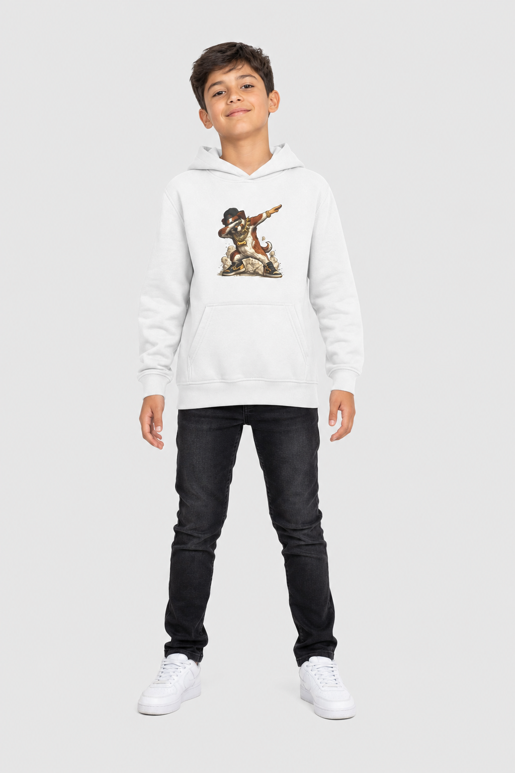 Black kids hoodie with dabbing dog print, cool design