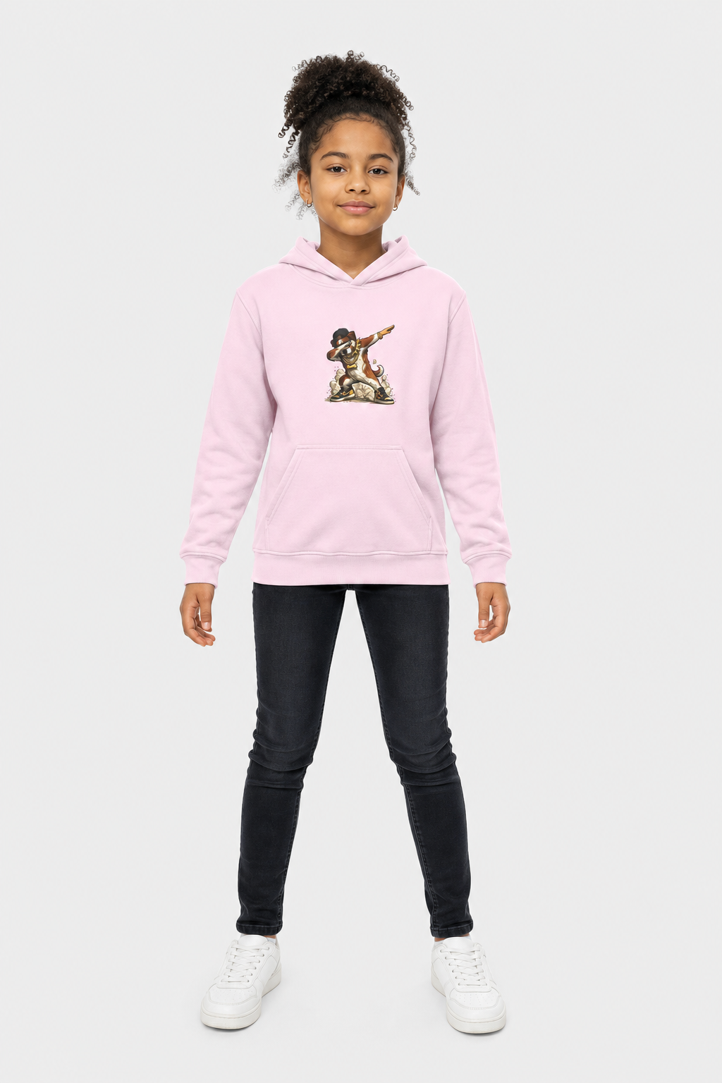 Front view of dabbing dog kids hoodie, dog lover gift