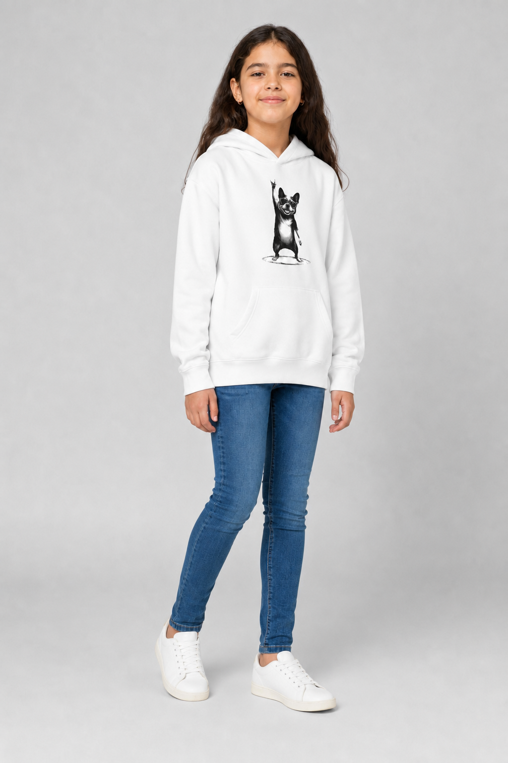 Child wearing bulldog kids hoodie, fun dog design