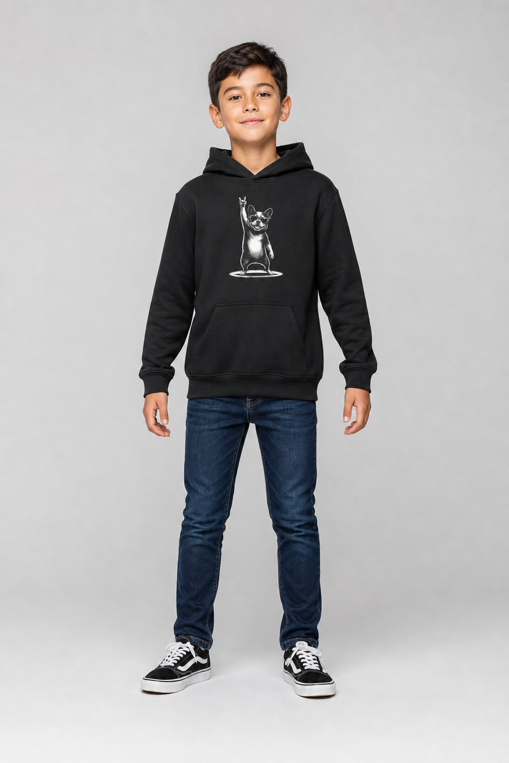 Boy wearing bulldog print kids hoodie, funny dog gift