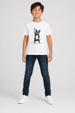 White kids t-shirt with rock hand French bulldog print, cool dog design