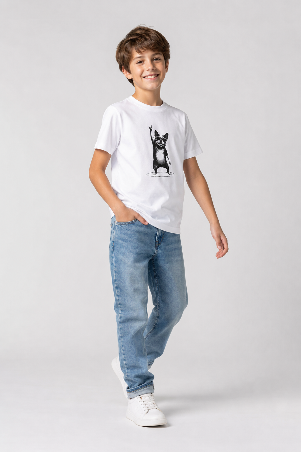 Child wearing French bulldog rock hand kids t-shirt