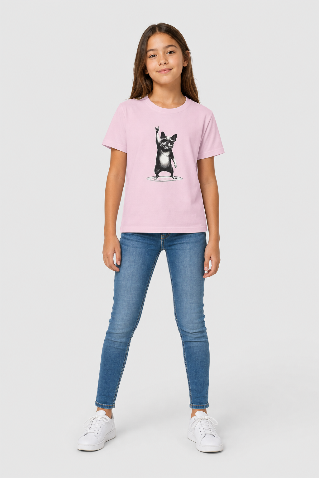 Black children's t-shirt with French bulldog rock hand design