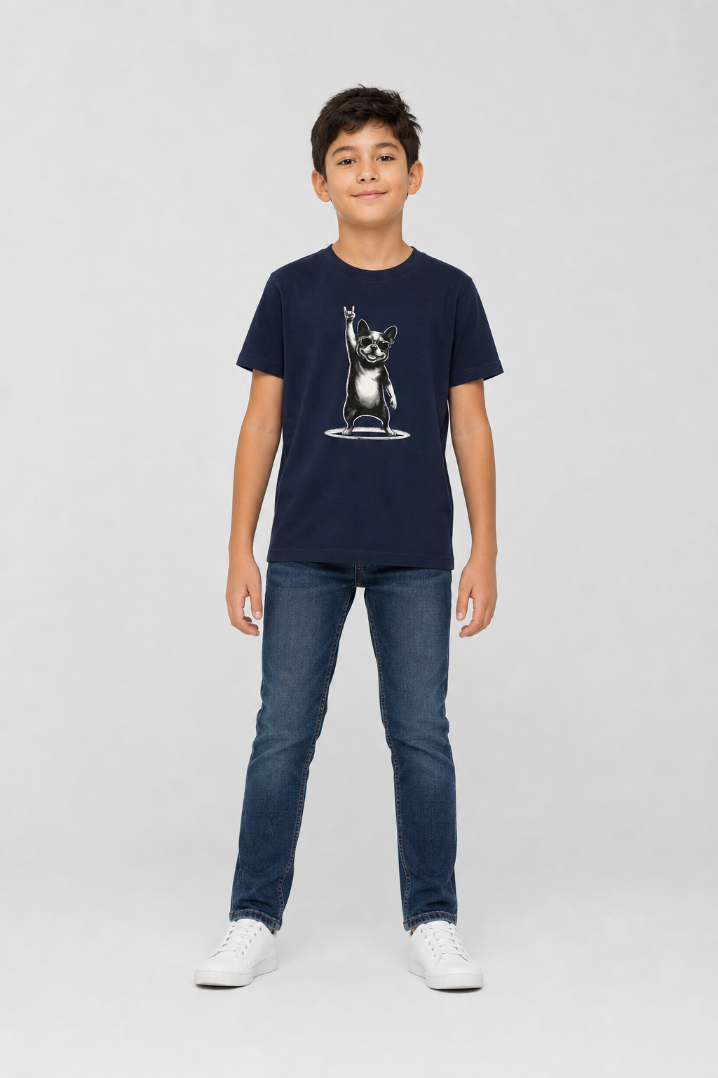 Boy wearing bulldog rock hand print kids t-shirt