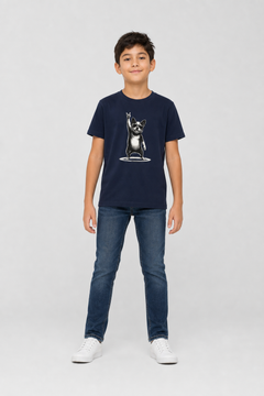 Boy wearing bulldog rock hand print kids t-shirt