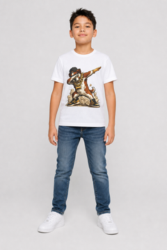 Boy wearing dabbing dog kids t-shirt, funny dog gift