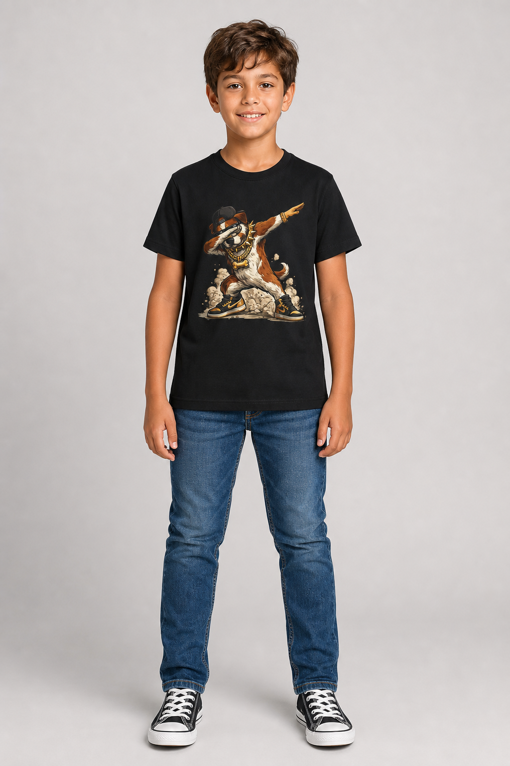 Dabbing dog print detail on children's t-shirt, funny graphic