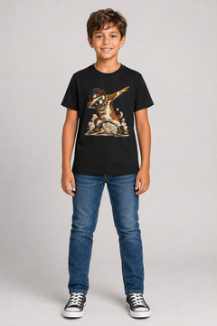 Dabbing dog print detail on children's t-shirt, funny graphic