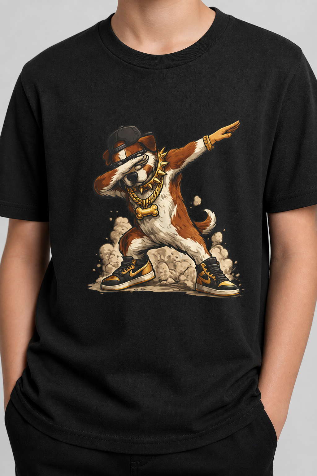Child wearing dabbing dog kids t-shirt, cool dog design