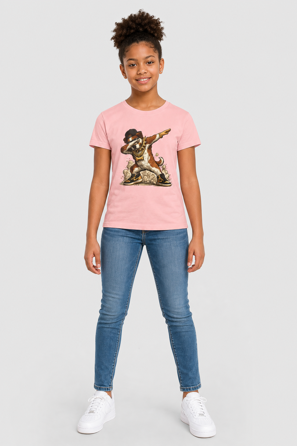 Front and back of dabbing dog kids t-shirt, children's tee