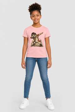 Front and back of dabbing dog kids t-shirt, children's tee