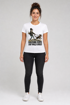 Man wearing white t-shirt with Raising Kids and Wild Dogs print