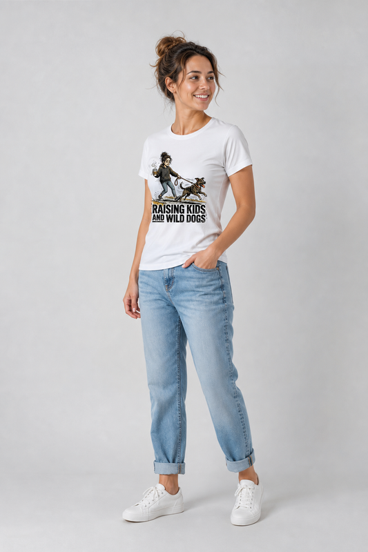 White t-shirt with Raising Kids and Wild Dogs print, unisex crew neck