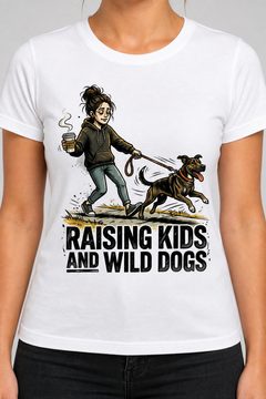 Black t-shirt with Raising Kids and Wild Dogs print, unisex crew neck