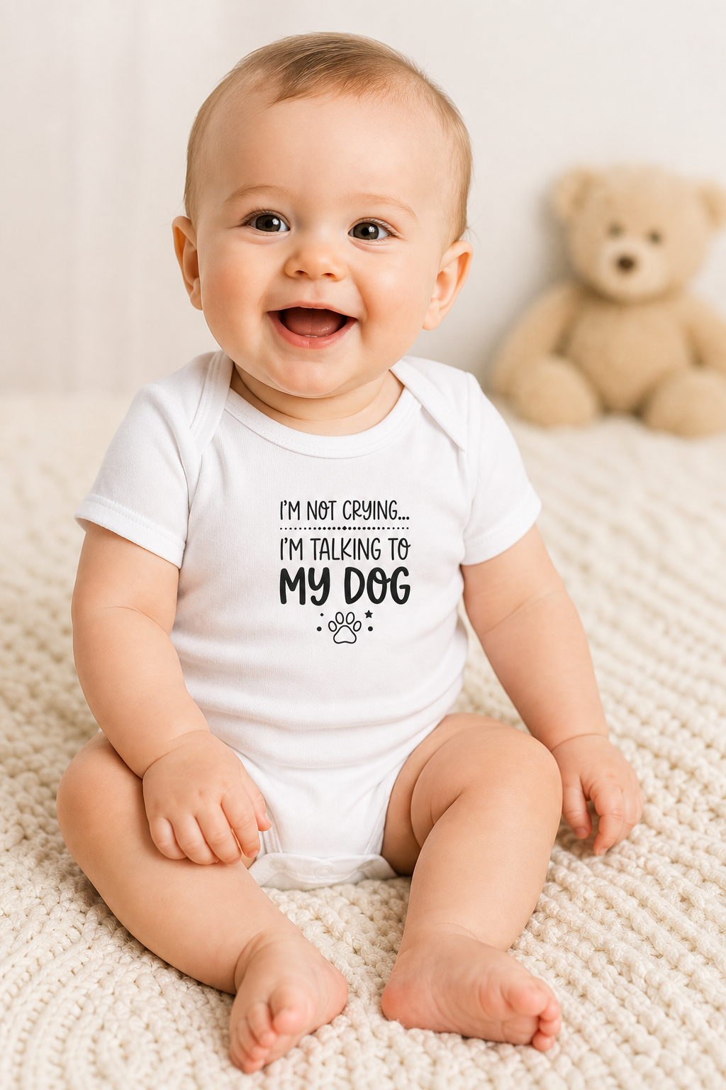 White baby bodysuit with I'm Not Crying I'm Talking to My Dog print, snap closure