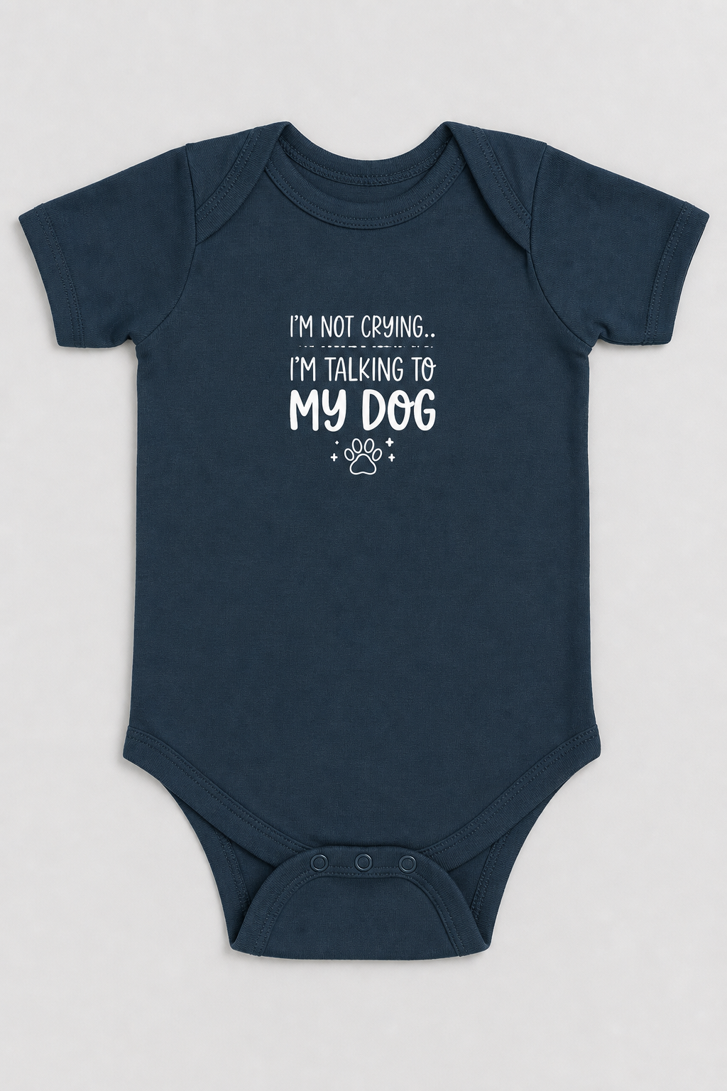 Lavender baby bodysuit with I'm Not Crying I'm Talking to My Dog print, snap closure