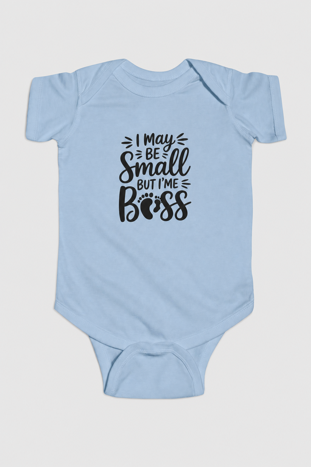 Pink baby bodysuit with I May Be Small But I'm Boss print, snap closure