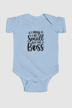 Pink baby bodysuit with I May Be Small But I'm Boss print, snap closure