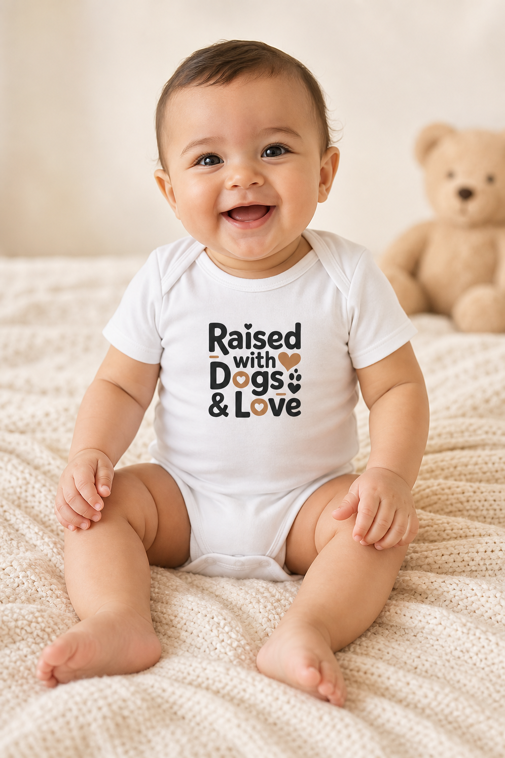 White baby bodysuit with Raised With Dogs and Love print, snap closure