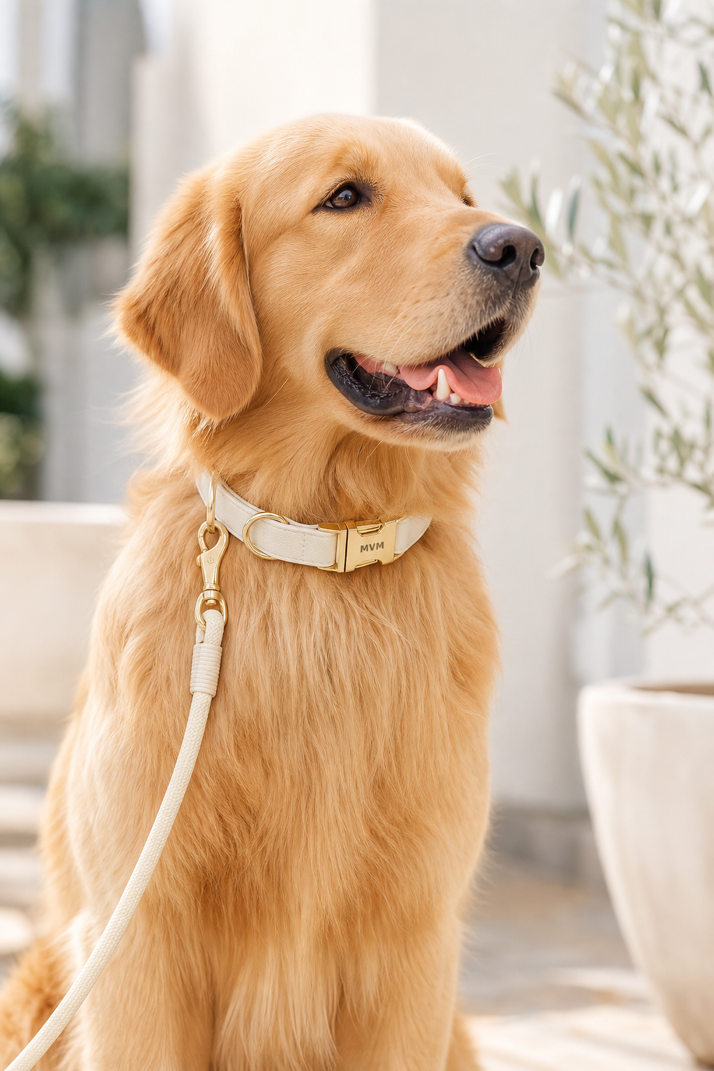 Warm beige luxury dog collar and leash walk set, flat lay