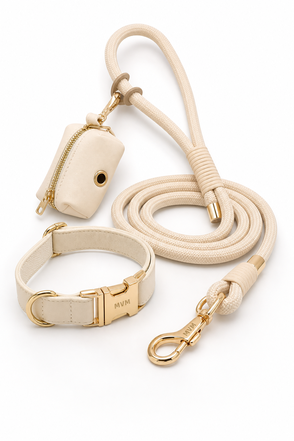 Warm beige luxury dog leash detail, metal snap clip