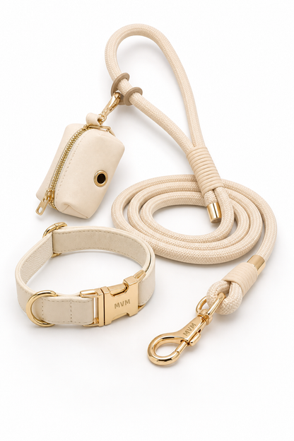 Warm beige luxury dog leash detail, metal snap clip