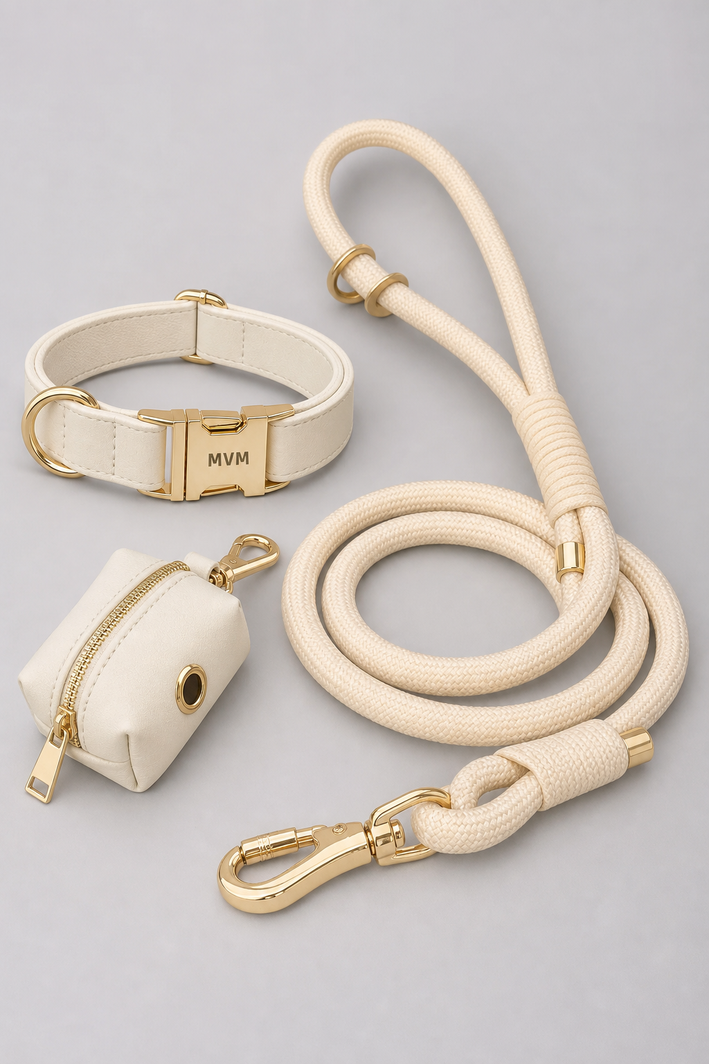 Warm beige luxury dog collar close-up, D-ring hardware