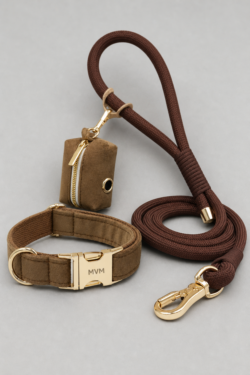 Chocolate brown luxury dog collar close-up, D-ring hardware