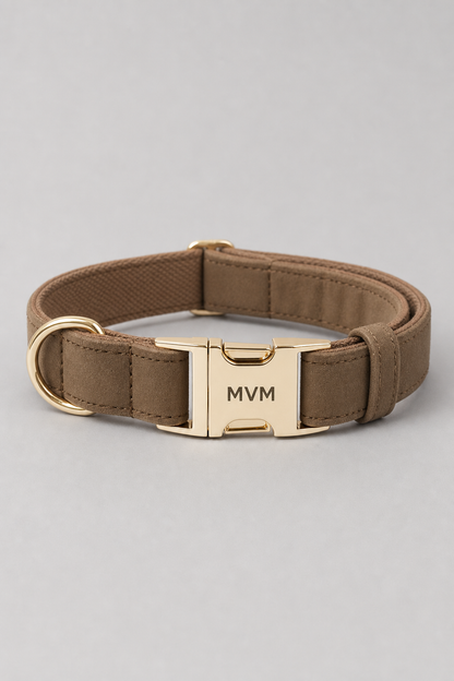 Dog wearing chocolate brown luxury collar and leash set