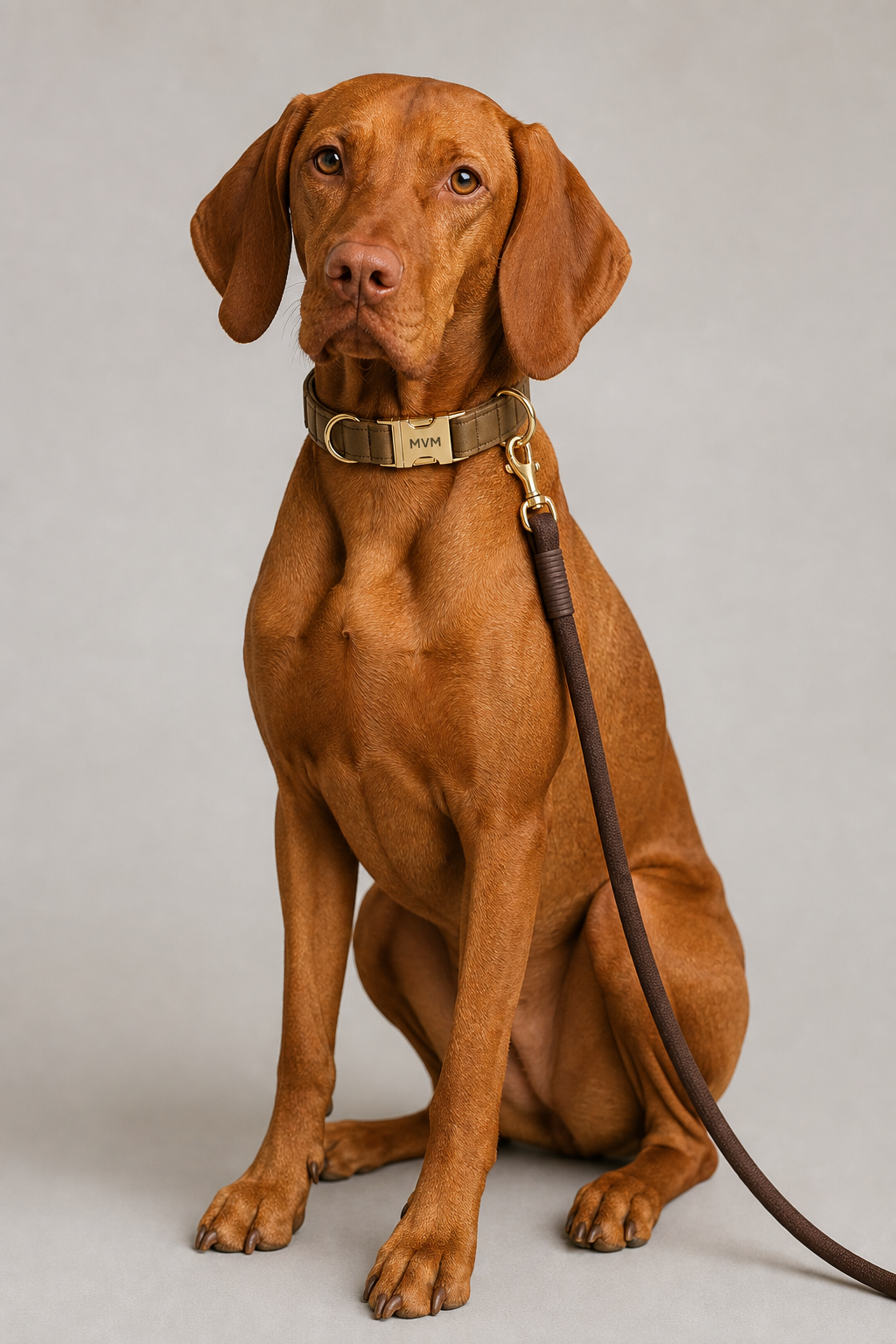 Chocolate brown luxury dog collar and leash set, flat lay