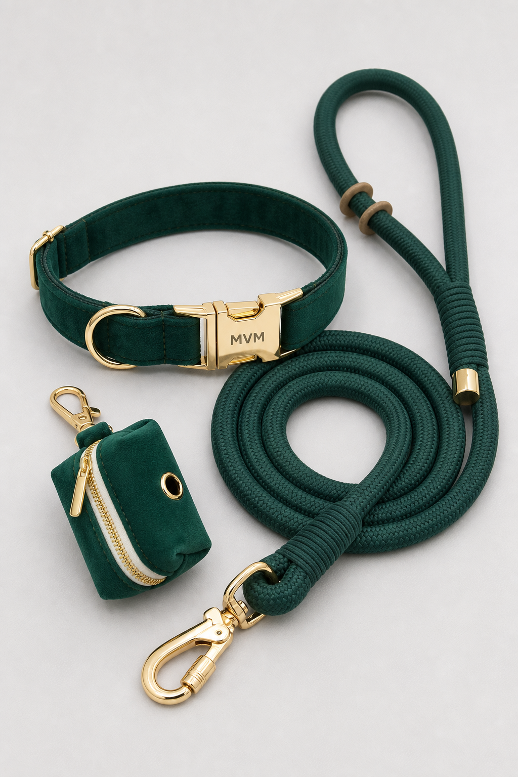 Sage green luxury dog collar close-up, D-ring hardware